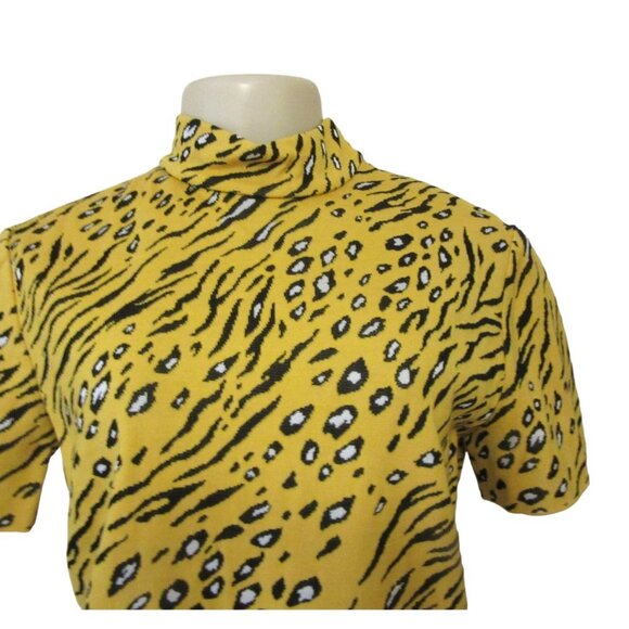 St John Yellow Black Leopard Print High Collar Blouse w Side Zipper in Sz Petite - Picture 2 of 5